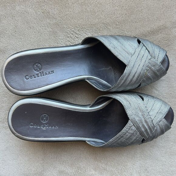 Cole Haan Metallic Silver Open Peep Toe Wedge Slip On Slide Sandal Women’s 8 B - Picture 6 of 16